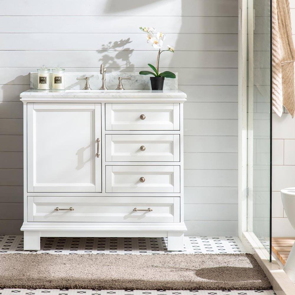 Silkroad Exclusive V08036WWC 36 in. Carrara White Marble Top Single Sink Bathroom Vanity
