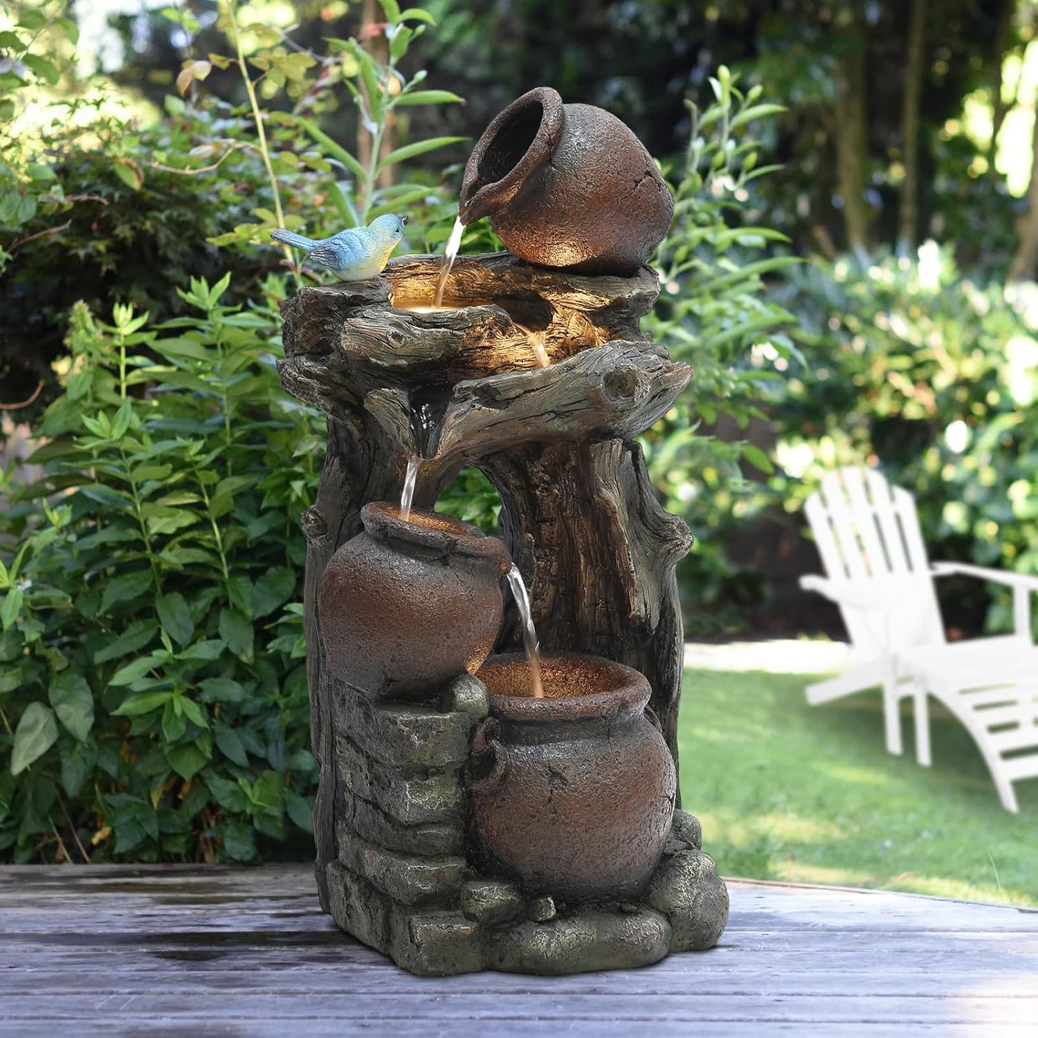 LuxenHome 25.6" Rustic Pots and Pitchers on Tree Resin Outdoor Fountain with LED Lights Fountains and Waterfalls Decor for Patio Yard Garden Water