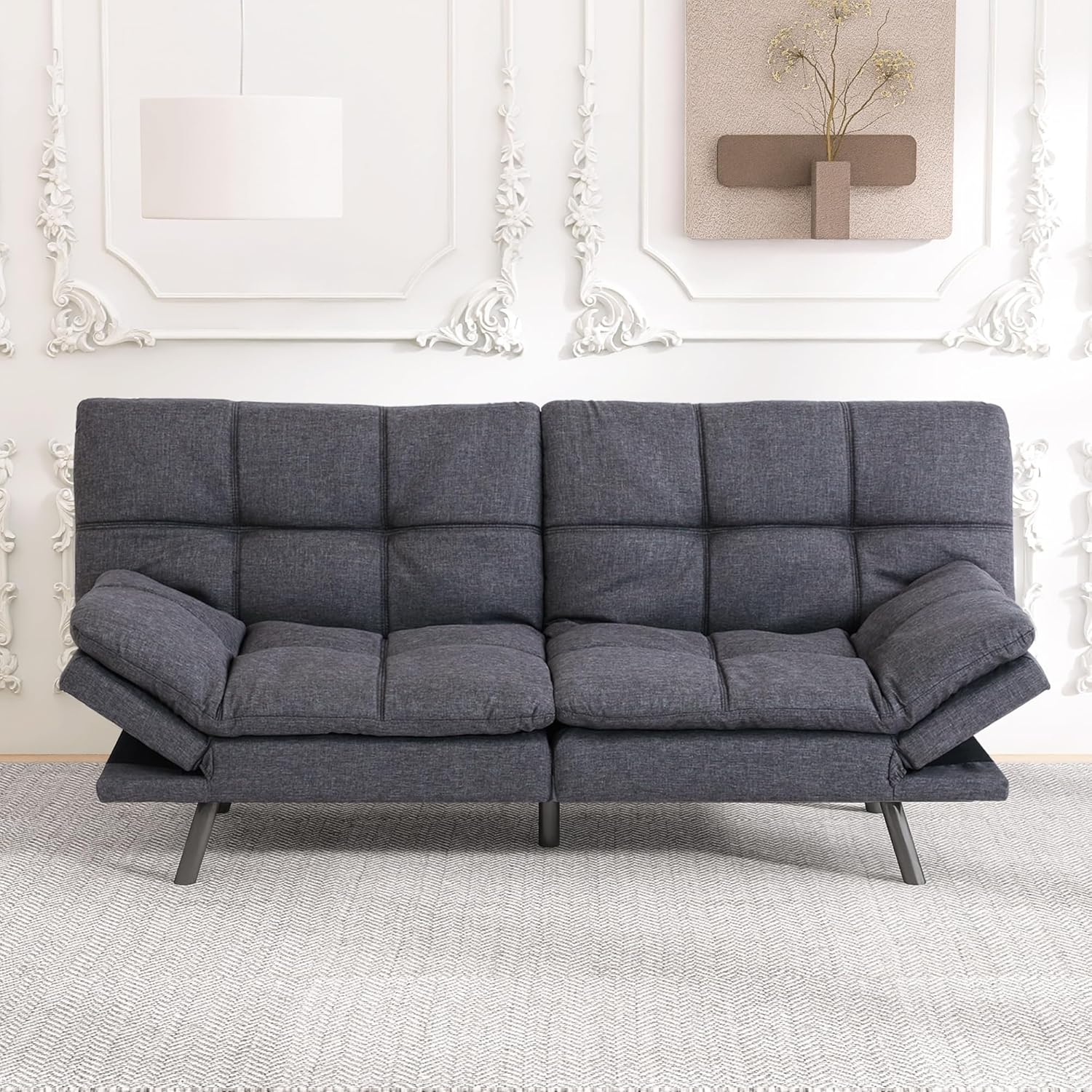 Bed,Grey Linen Futon Couch Small Foldable Loveseat Sofas