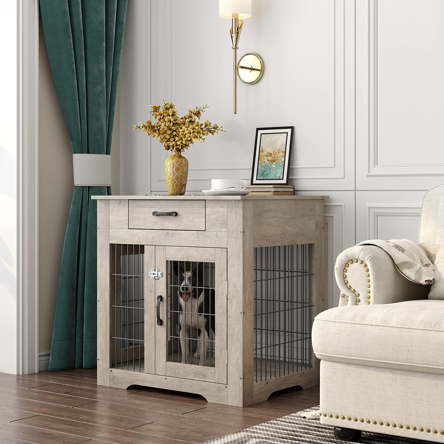 Furniture Style Dog Crate End Table with Drawer, Pet Kennels with Double Doors, Dog House Indoor Use, Dog Kennel for Small, End Table