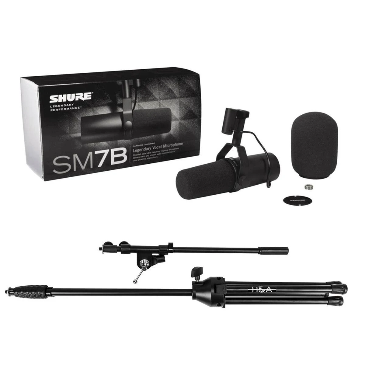 Shure SM7B Cardioid Dynamic Studio Vocal Microphone W/Samson MK10 Boom Mic Stand SM7B B