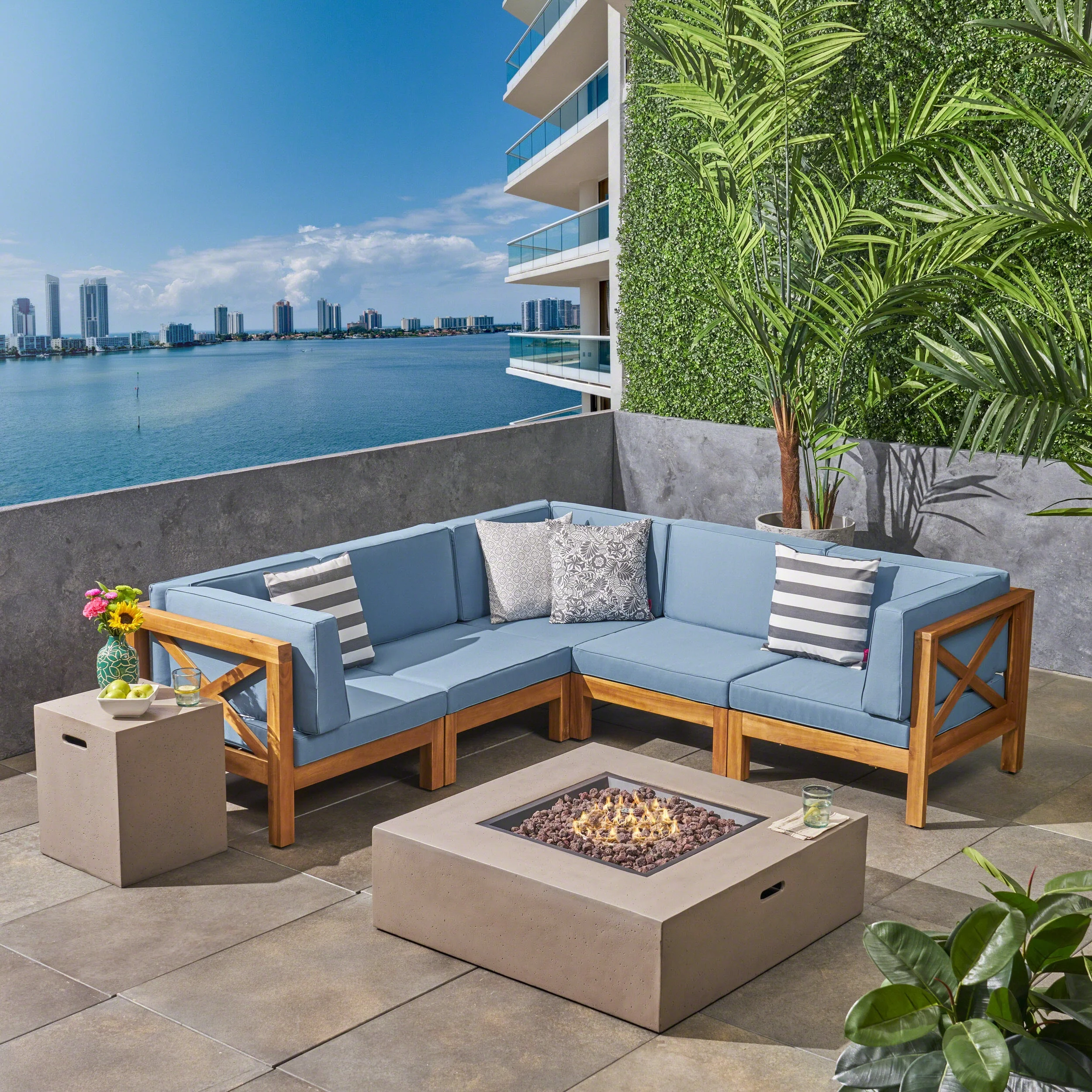 Elisha Outdoor 7 Piece Acacia Wood Sectional Sofa Set with Cushions and Fire Pit, Teak, Blue, Light Gray