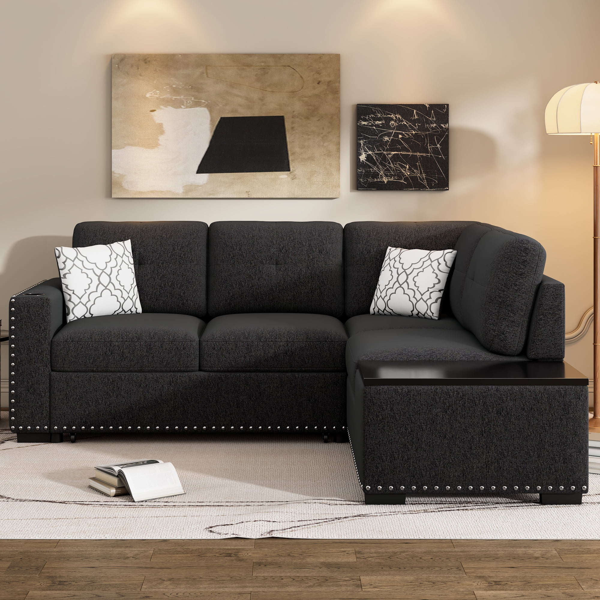 Reversible Sectional Pull-Out Sofa Bed L-Shaped Corner with Storage Chaise, Black