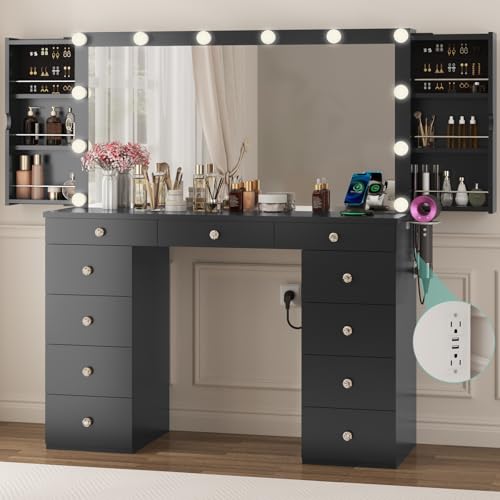 Likein Vanity Desk with Mirror and Lights, White Vanity with Jewelry Storage Cabinet, Makeup Dressing Table with 11 Drawers, Charging Station