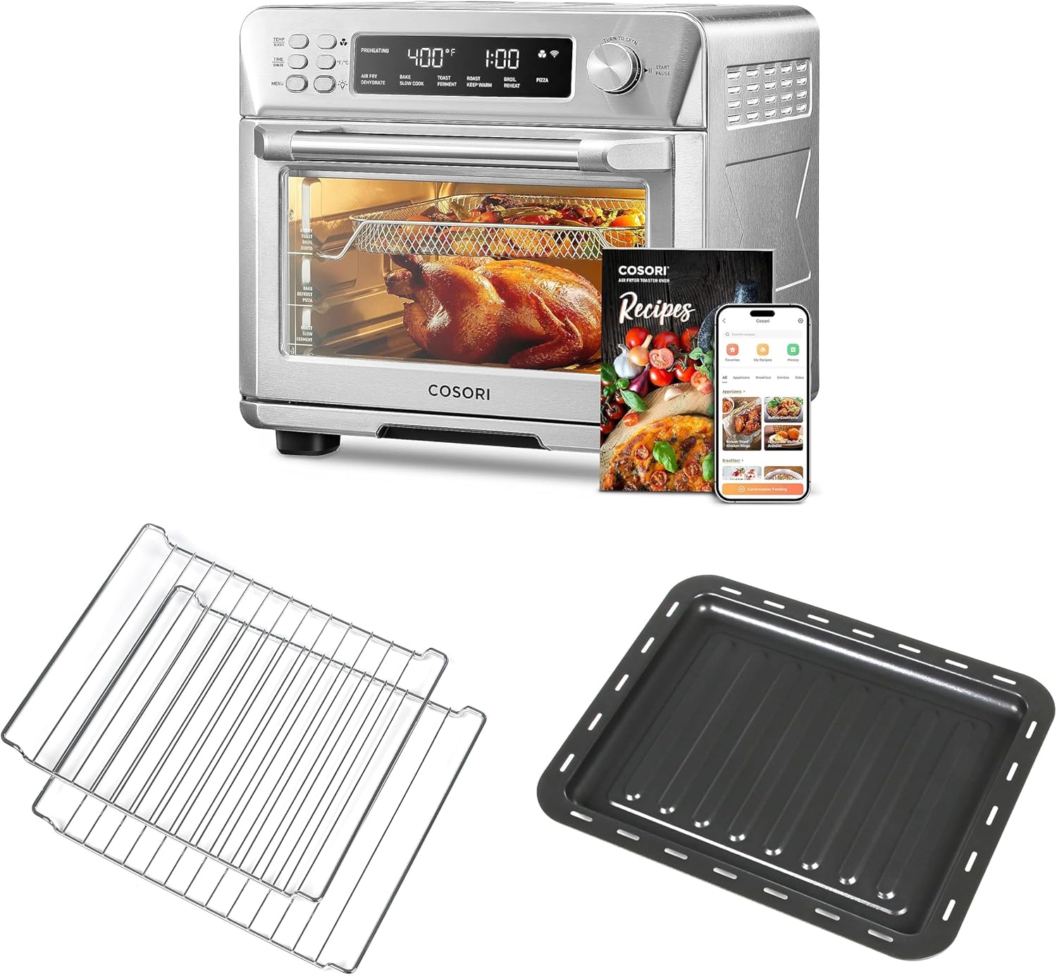 COSORI Air Fryer Toaster Oven, 12-in-1 Convection Ovens with Food tray and Oven Rack, CTO-FT201-KUS and CTO-WR201-SUS
