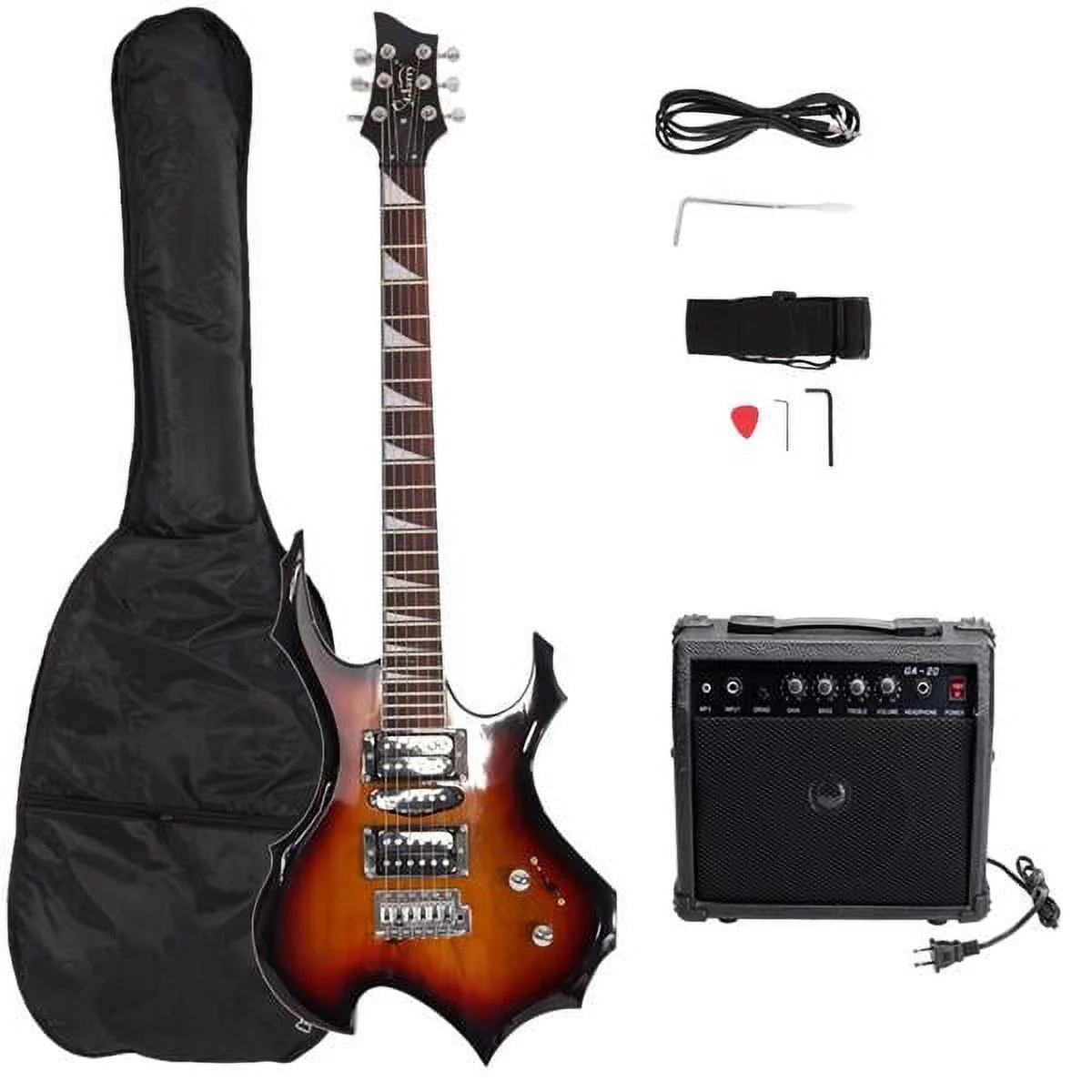 Fithood Glarry Flame Shaped Electric Guitar with 20W Electric Guitar Sound HSH Pickup Novice Guitar Audio Bag Strap Picks Shake Cable Wrench Tool
