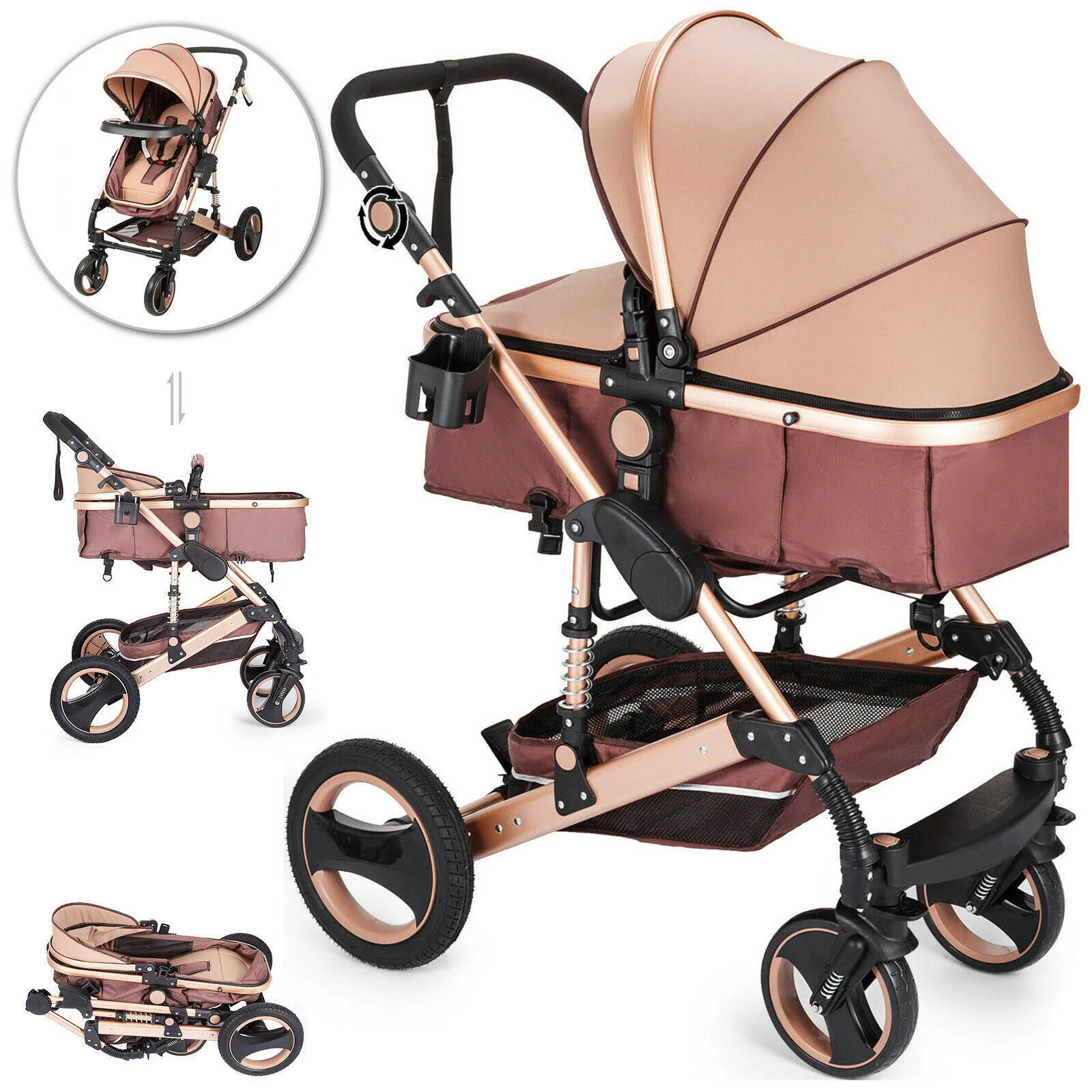VEVOR Luxury Baby Stroller 2 in 1 Newborn Pram Foldable Infant Pushchair Bassinet Car