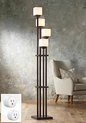 Franklin Iron Works Light Tree Rustic Farmhouse Torchiere Floor Lamp Standing 72 1/2" Tall Bronze Iron 4-Light Square-Sided White Glass Shades Living