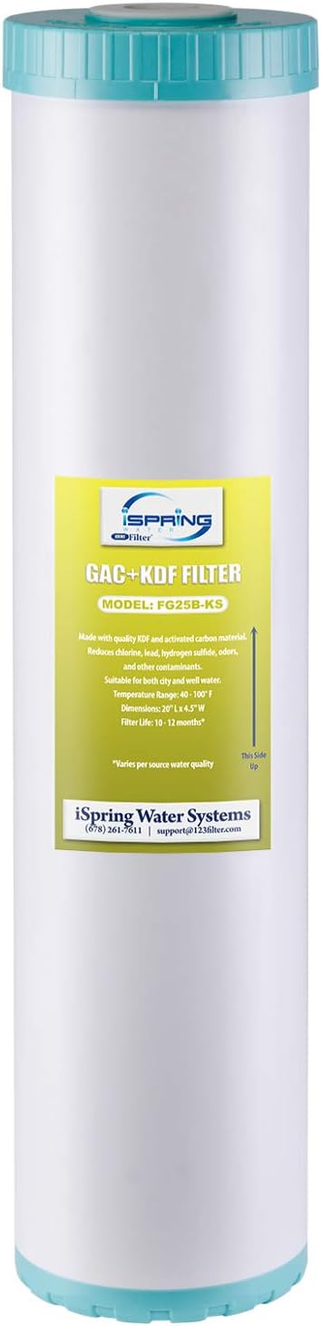 iSpring FG25B-KS High Capacity Heavy Metal Reducing GAC and KDF Whole House Water Filter Replacement Cartridge, 4.5” x 20”