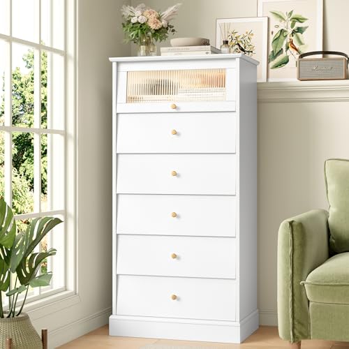 finetones 6 Drawer Dresser Black Dresser, 48.7'' Tall Black Dresser Chest of Drawers, Black and Gold Dresser with Glass Drawer