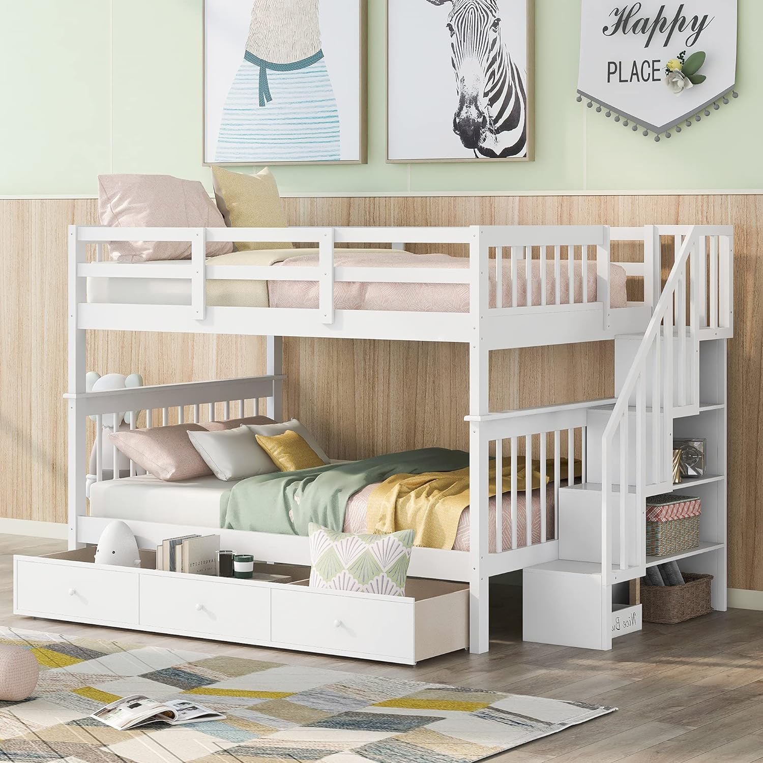 Harper & Bright Designs Full Over Full Bunk Bed with Stairs, Wooden Full Bunk Bed with Storage Drawers for Kids Teens Adults - White