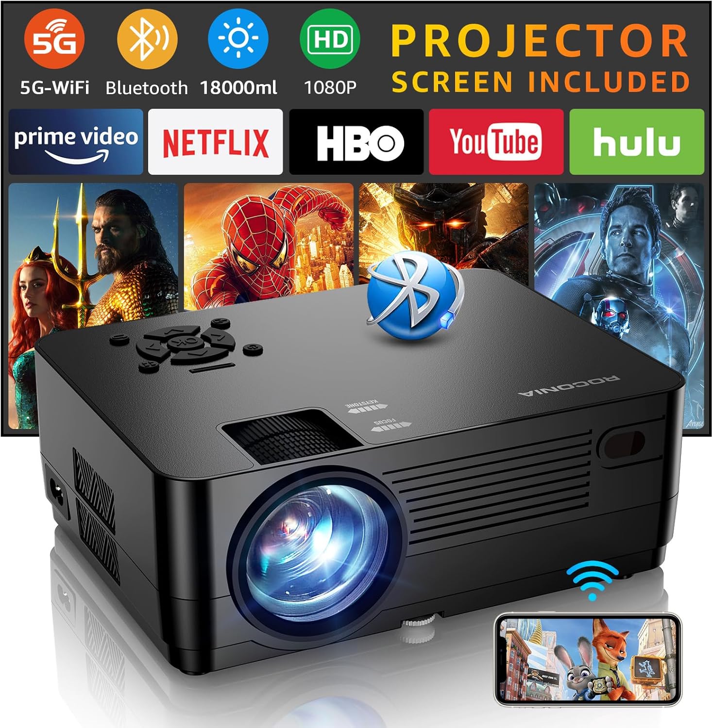 Projector with 5G WiFi and Bluetooth, Native 1080P Projector[Projector Screen Included], Full HD 18000LM Movie Projector