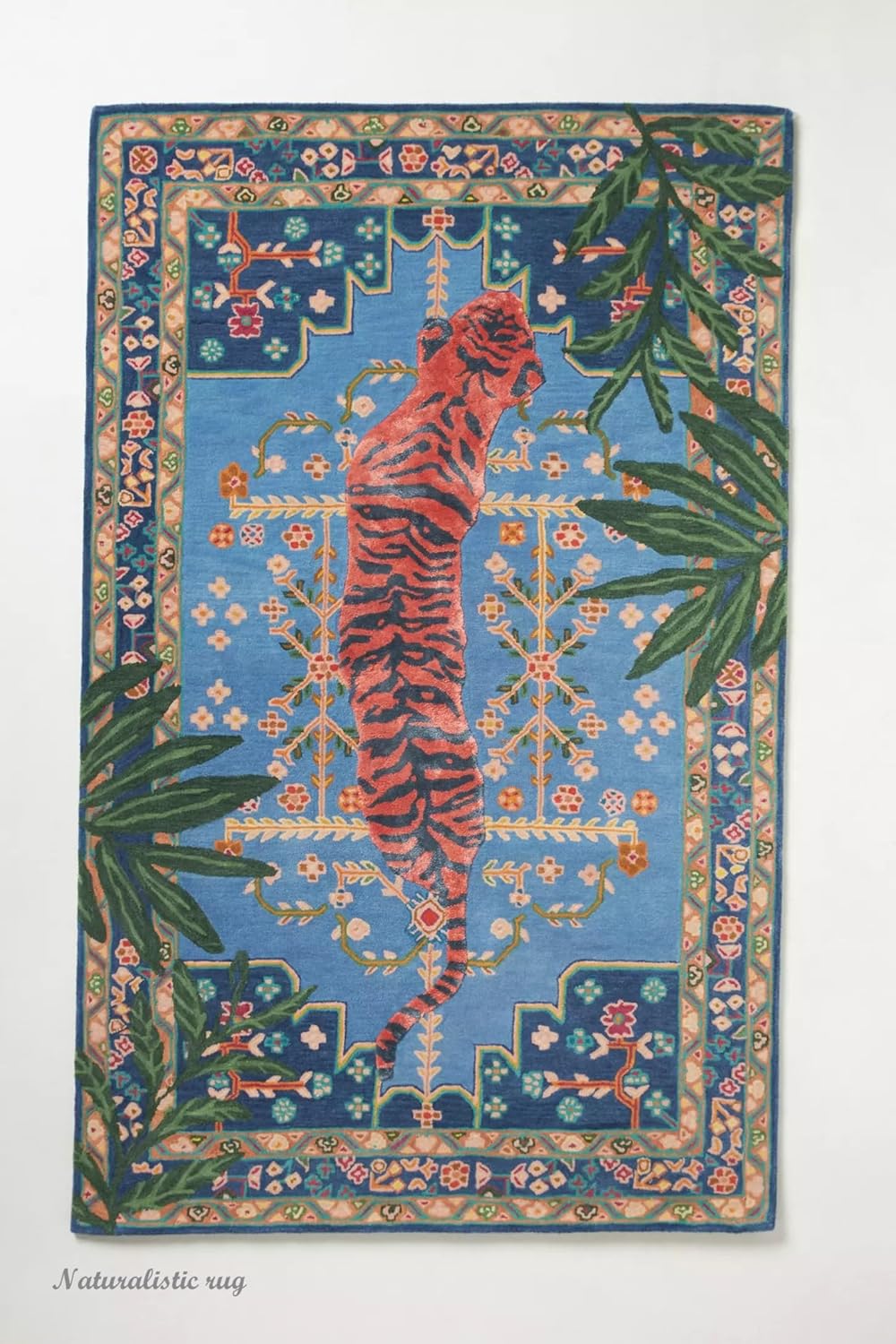 Bengal Tiger Animal Print Wool Area Rug Handmade Featuring Symmetrical Palm Leaves Design - Ideal for Living Room Bedroom Kids Room & Office (Red