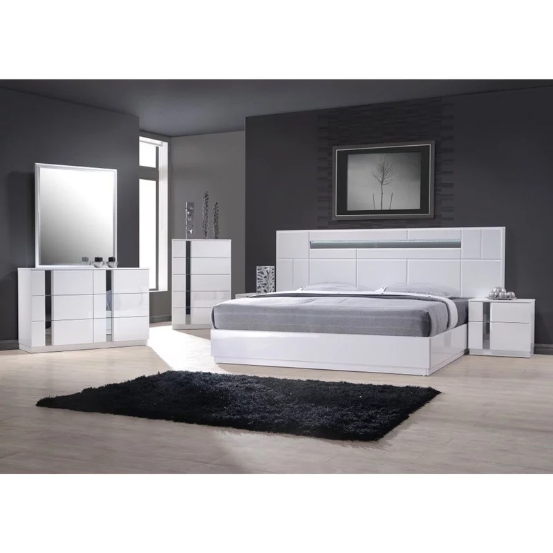 Palermo Modern Bedroom Set, White Lacquer, 5-Piece Set, King Size - Radiant Selections