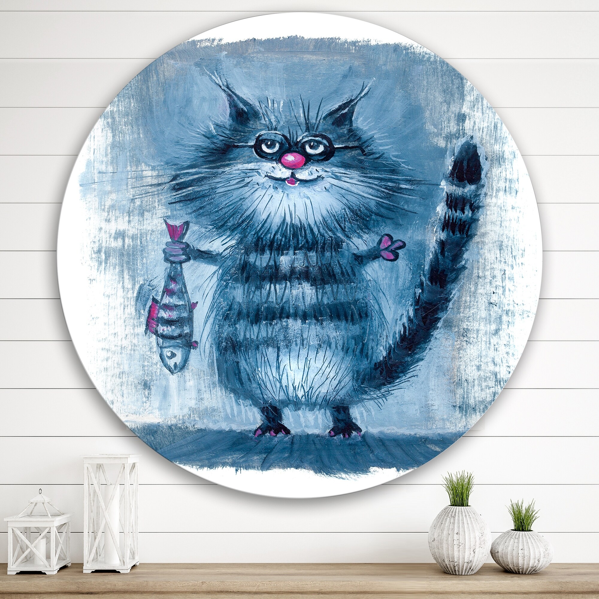 DESIGN ART Designart 'Cat Holding A Fish In Its Claws' Nautical & Coastal Metal Circle Wall Art 36x36 - Disc of 36 Inch