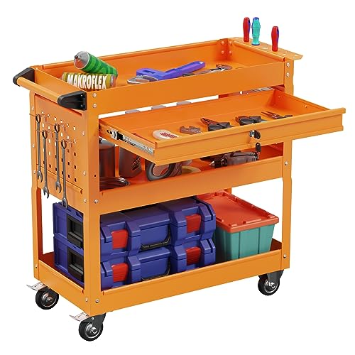 3-Tier Heavy Duty Utility Cart on Wheels, Rolling Tool Cart on Wheels with a Drawer, 350 Lbs Load Capacity Service Cart for Warehous
