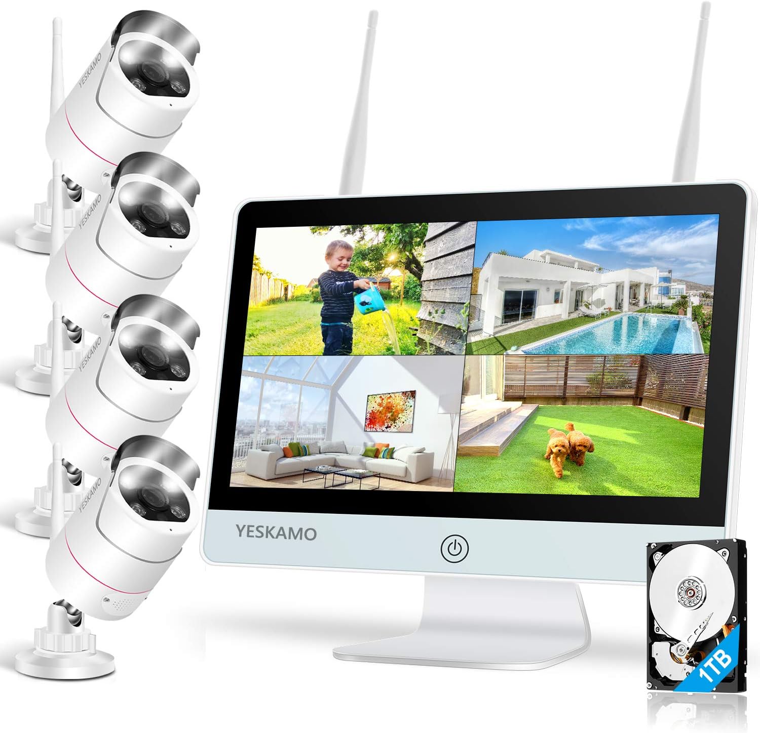 Floodlight Wireless Security Camera System with 12'' Monitor 2 Way Audio, YESKAMO Outdoor 3MP WiFi IP Cameras AI Human Detection Siren Alarm