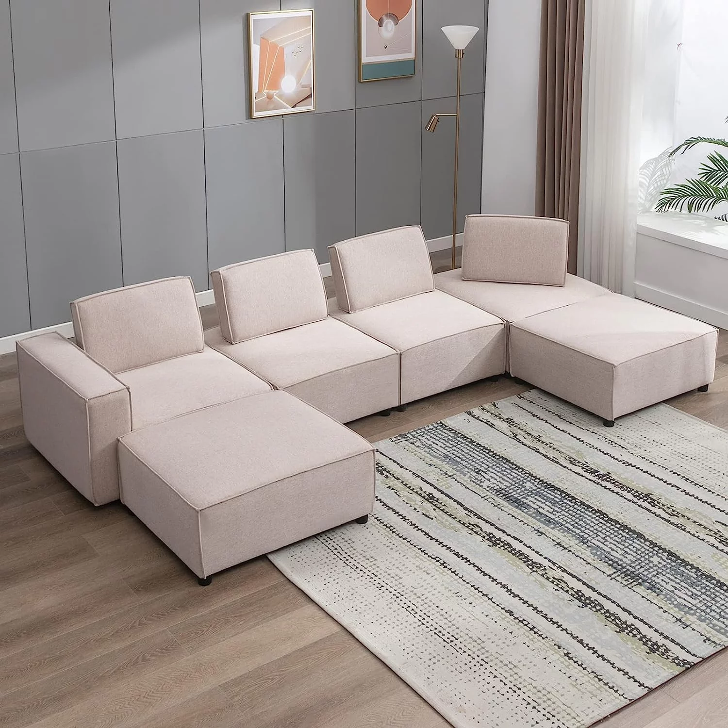 ZAFLY L Shaped Modular Sectional Sofa Couch, Armless Floor Sofa Couch with Ajustable Backrest, Convertible 6 Seats Sofa Bed