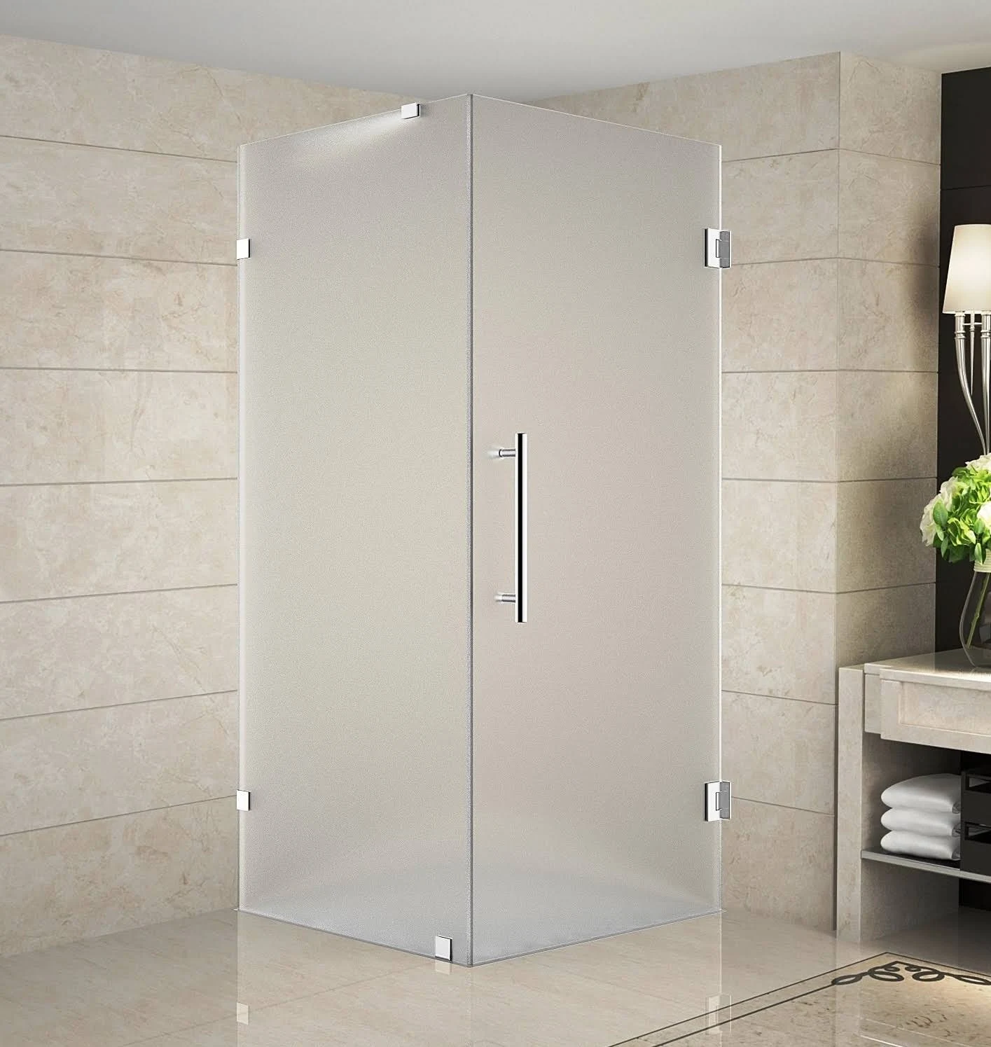 Aston Global SEN988F-SS-32-10 Aquadica Frosted Glass in Stainless Steel 32x22x32x22x72x22 Frameless Square Shower Enclosure