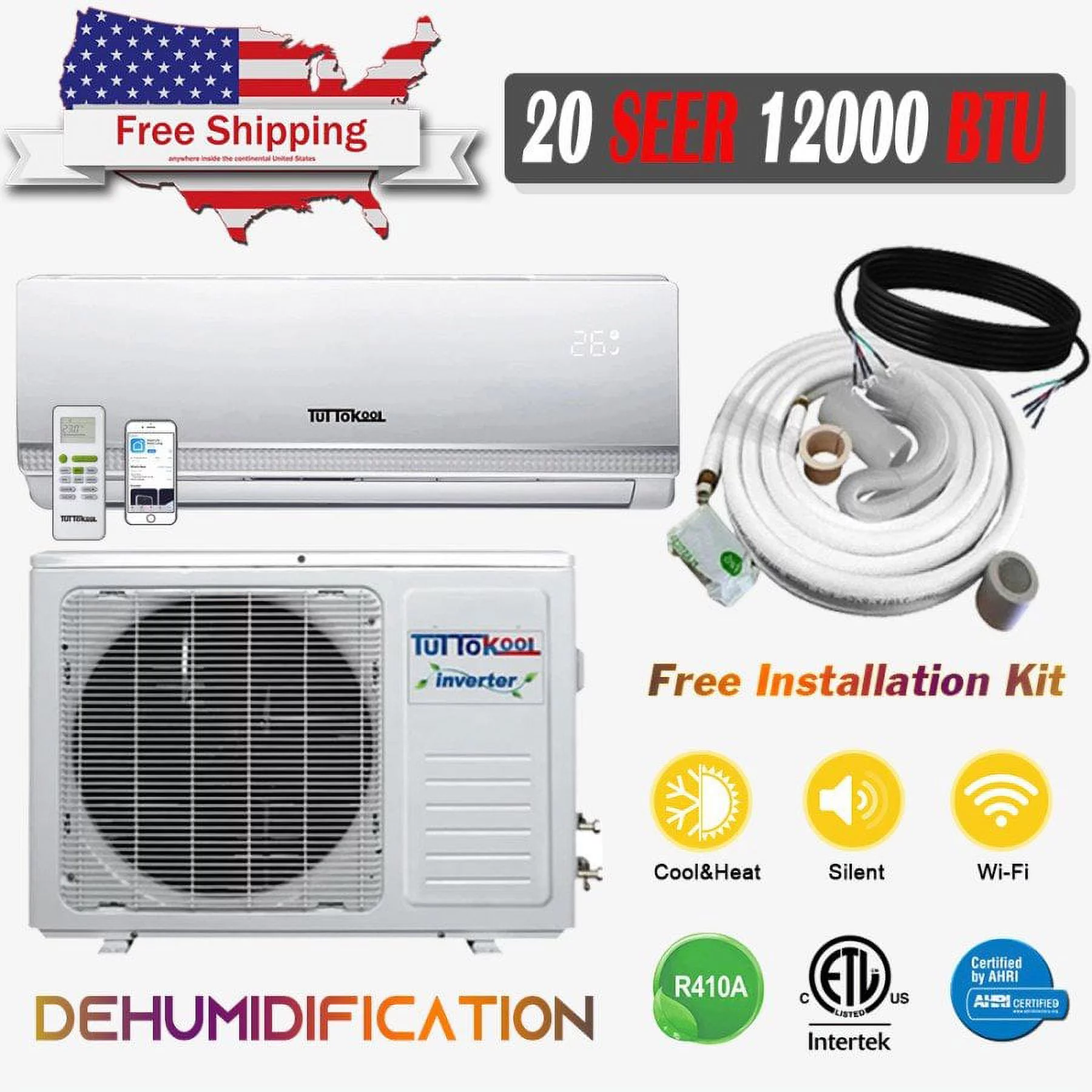 Tuttokool 12,000 BTU, 20 SEER Wifi Ready Wall-Mounted Ductless Mini-Split A/C Heat Pump System16-ft Installation Kit (115V) - Curated Treasures Market