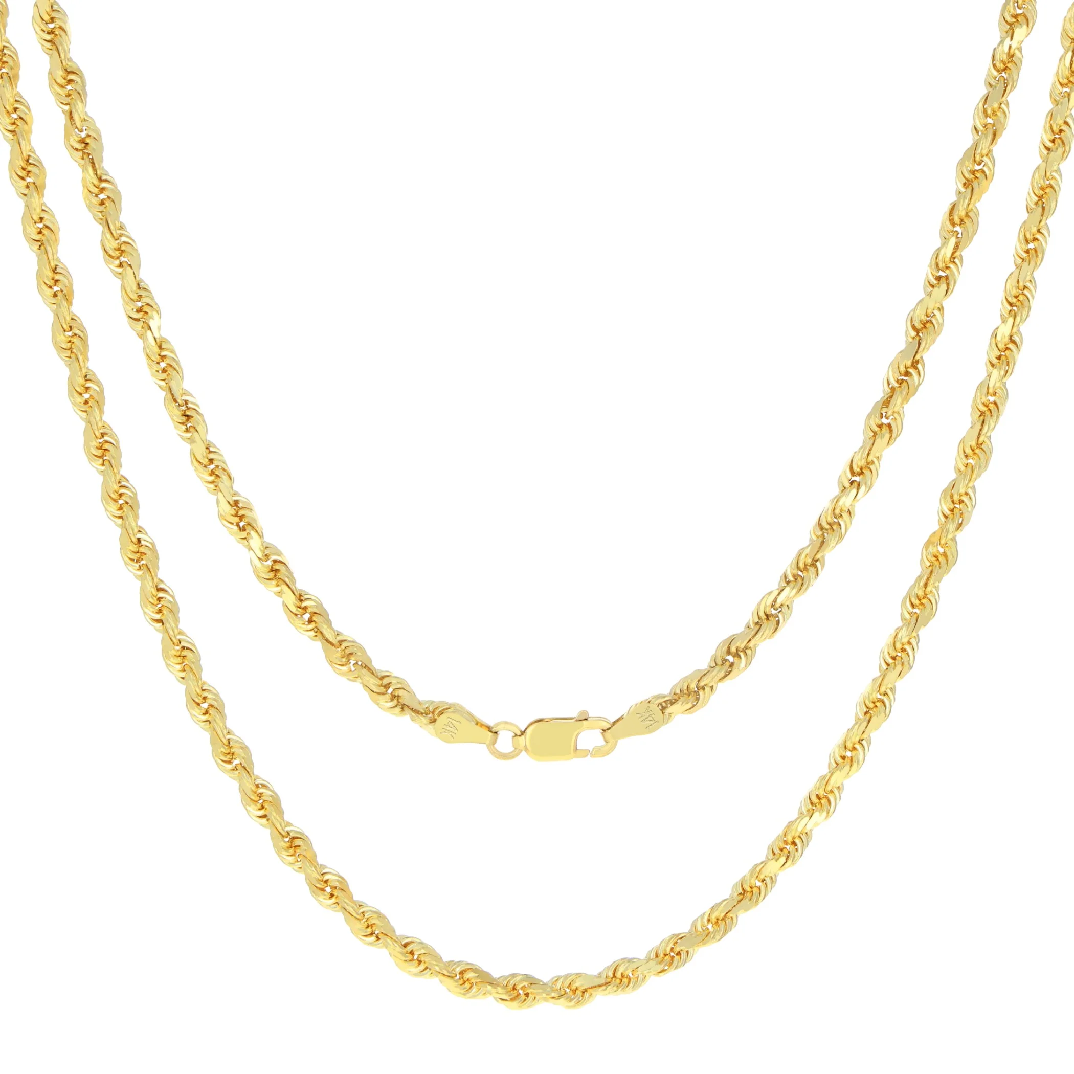 Nuragold 14k Yellow Gold 3mm Rope Chain Diamond Cut Necklace, Mens Womens Jewelry 16" - 30"
