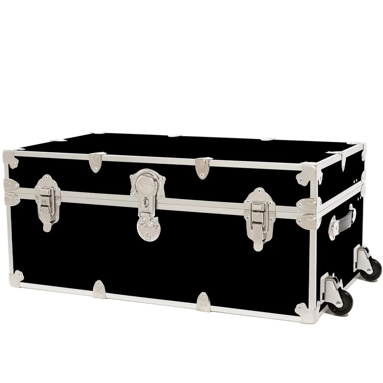Rhino Trunk & Case Large Leather Embossed Vinyl Trunk with Removable Wheels, Summer Camp, College, Storage 32"x18"x14" (Black)