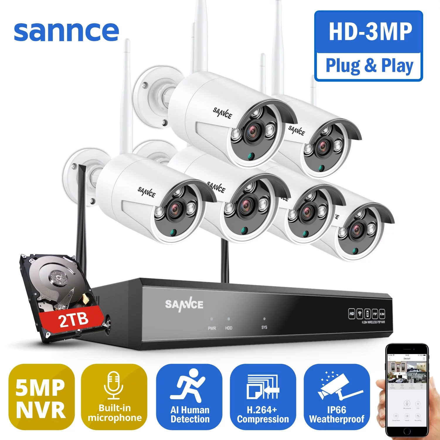SANNCE 8CH Wireless NVR CCTV System 6PCS 3MP IP Camera WIFI Audio Recording IR Night Vison CCTV Home Security Camera Surveillance Kit with 2T Hard