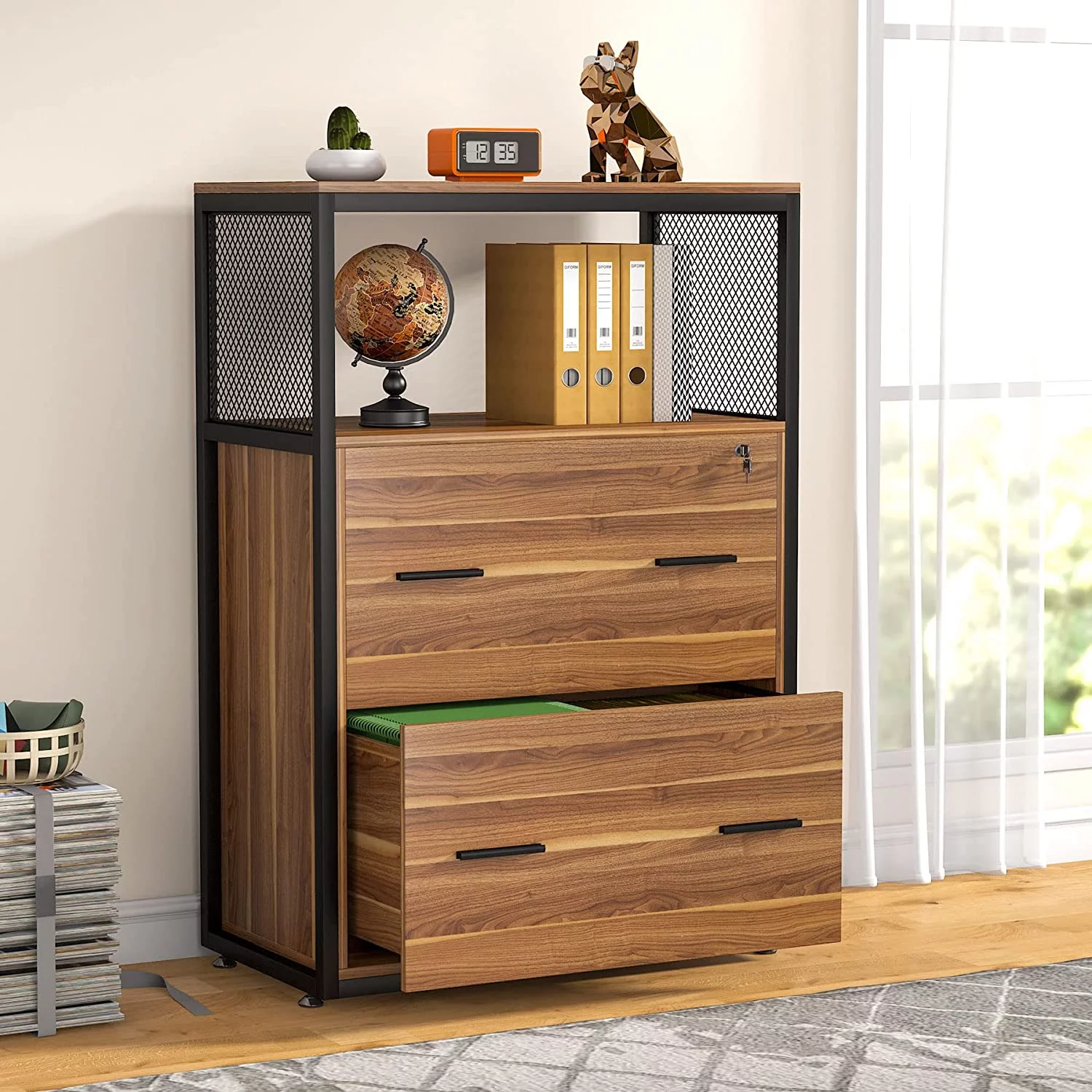 2-Drawer Lateral File Cabinets Legal Size, Large Filing Cabinet with Lock, Printer Stand with Open Storage Shelves for Study, Home Office (Walnut)