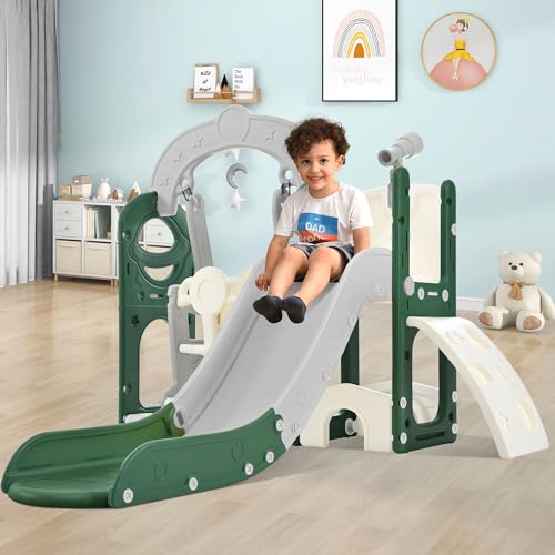 6 in 1 Toddler Slide with Swing Playset, Climbing Toys Indoor Outdoor for Toddlers 1-3, Kid Slide with Swing with Climber Basketball Hoop & Telescope