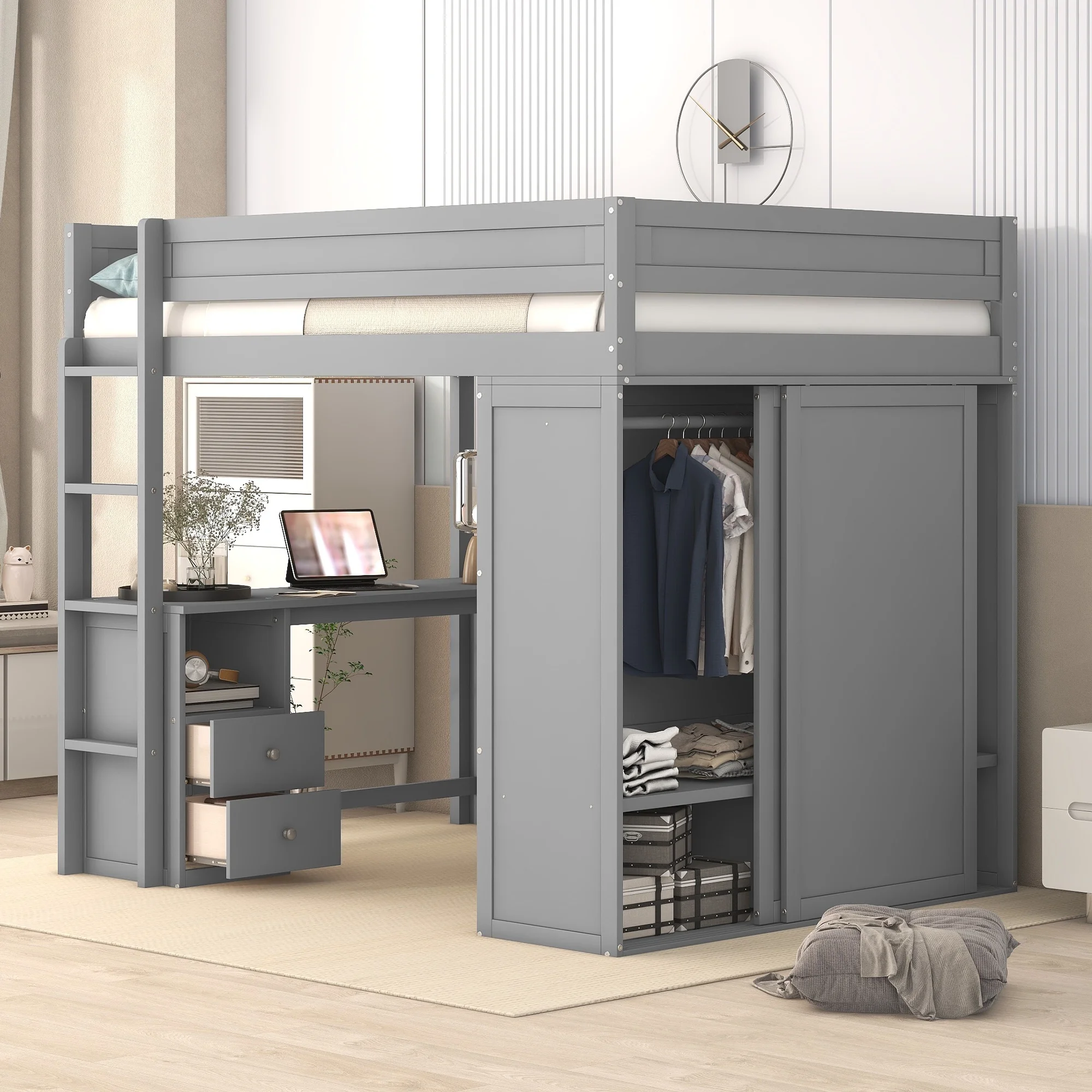EUROCO Wood Full Size Loft Bed, Storage Desk and Drawers, Wardrobe with Clothes Hanger and Sliding Door for Living Room, Gray - Radiant Selections