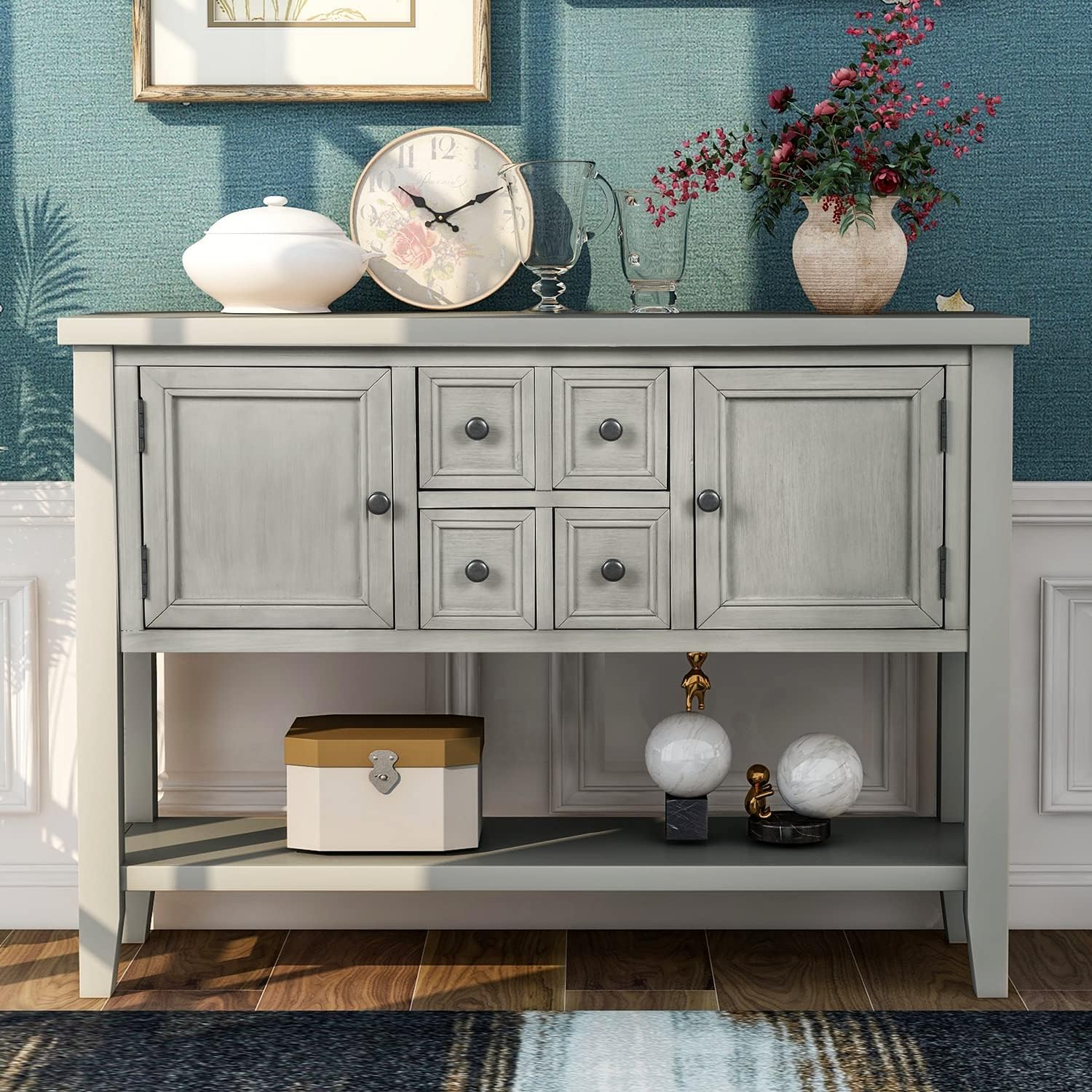 Farmhouse Vintage Console Table Sofa Table with 4 Drawers and Bottom Shelf
