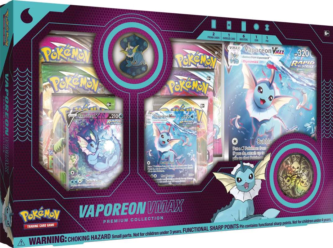 Pokemon Eevee Evolutions Vaporeon VMAX Premium Collection (6 Booster Packs, Promo Card, Oversized Card, Coin, Pin & More)