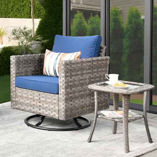 ovios 2 Pieces Patio Rocking Chairs Set, Outdoor Wicker Rattan Chairs of 2 with Comfortable Cushions and Deep Seat for Porch Garden Deck, Denim Blue