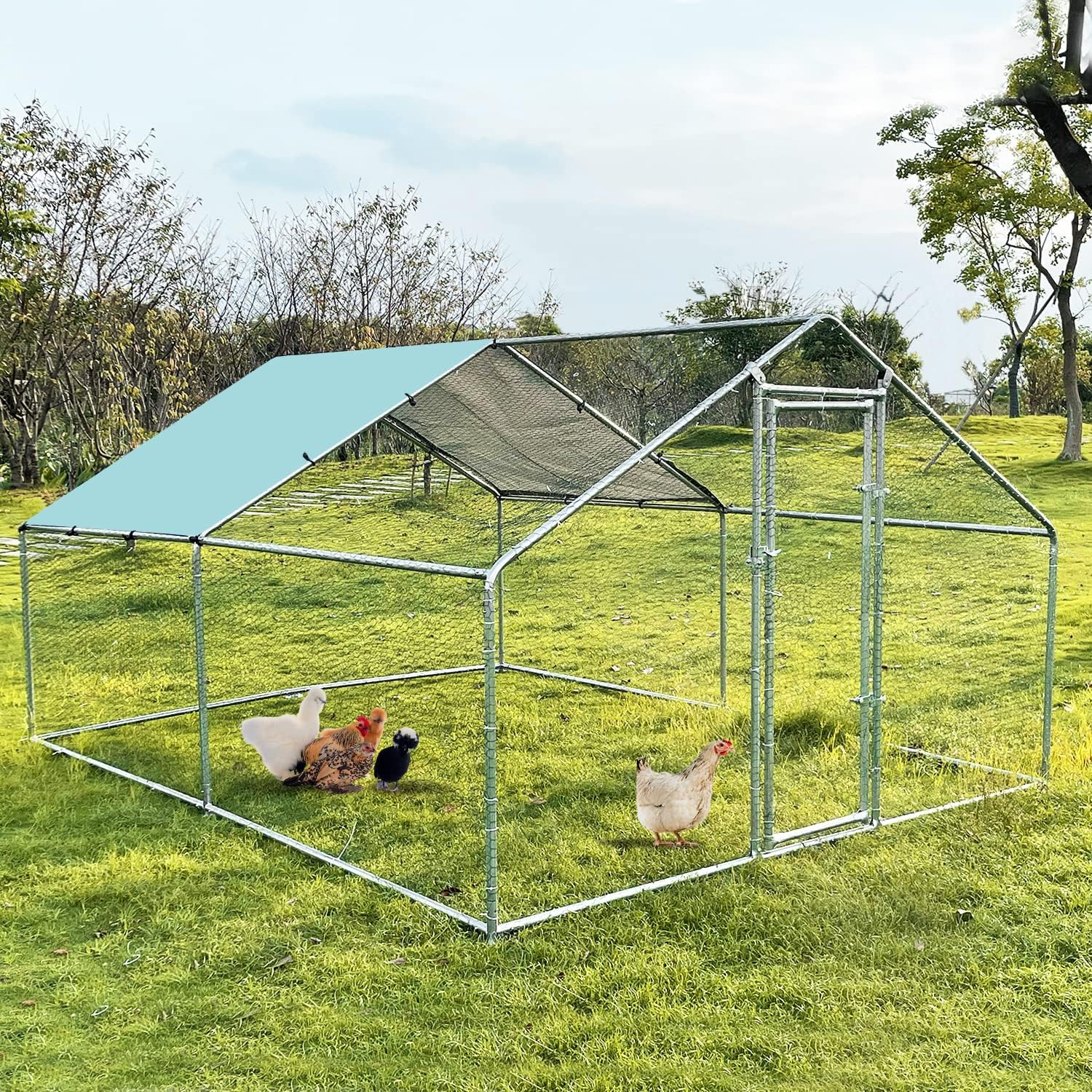 Large Metal Chicken Coop Walk-in Poultry Cage Chicken Run Duck House Chicken Pen with Waterproof and Anti-Ultraviolet Cover for Outdoor Yard