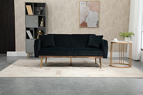 Modern Velvet Loveseat,Convertible Sleeper Futon Sofa Bed with Metal Legs and 2 Throw Pillows for Living Room, Bedroom (Black)