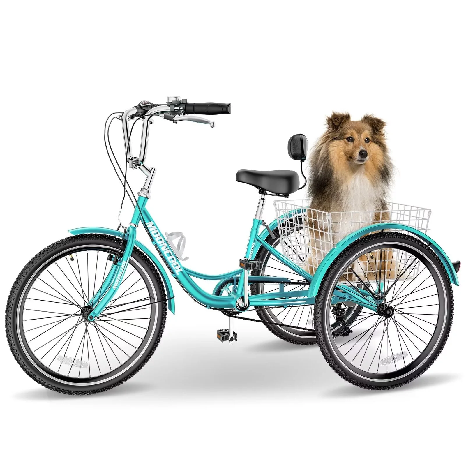 MOPHOTO 20''/24''/26'' Tricycle for Adults, 7 Speed 3-Wheel Bike, Comfort Cruiser Trike, Cyan Tricycle with Big Basket - Curated Treasures Market