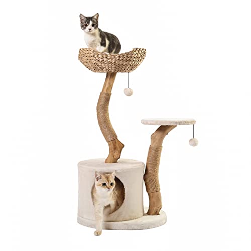 Modern Cat Tree for Indoor Small Cats - Real Wood Cat Tower with Scratch Post, Hiding Enclosure - Unique, Boho,White