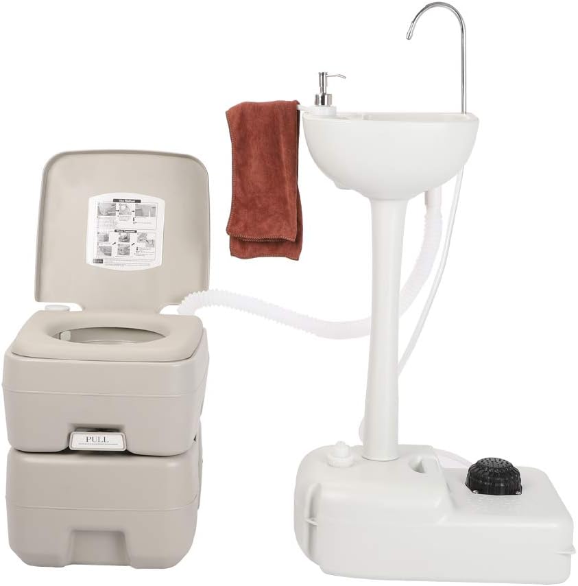 Upgraded Portable Sink and Toilet Combo| Self-contained 5 Gal Hand Washing Station & 5 Gal Flushing Toilet