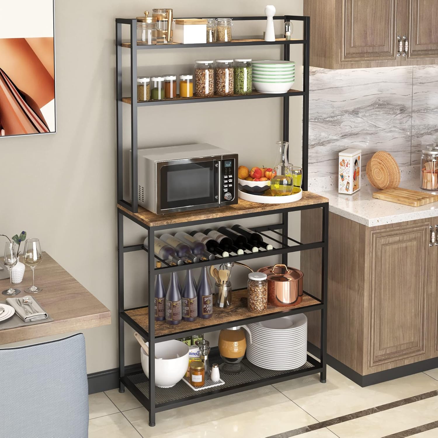 Industrial Kitchen Baker's Rack Coffee Station Microwave Oven Stand Kitchen Pantry Shelf Free Standing Opening Utility Storage Cabinet Sideboard for