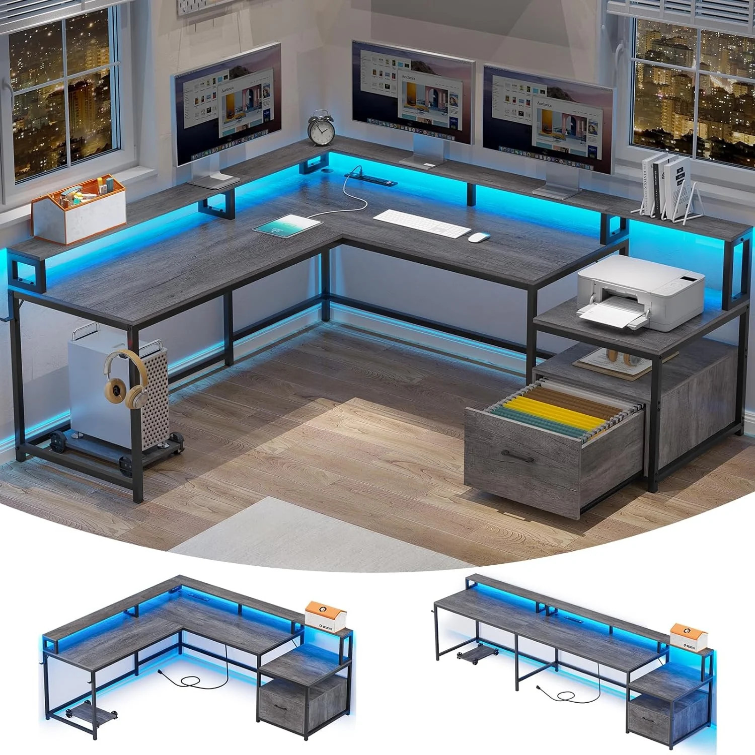 L Shaped Office Desk, 66" Home Office Desk with File Drawer & Power Outlet, Gaming Desk with Led Lights, Corner Computer Desk with Monitor Shelf
