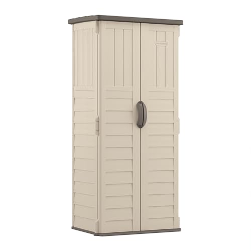 Suncast Vertical Outdoor Storage Shed with Reinforced Floor, Lockable Double Doors, All-Weather Construction, and Multi-Wall Panels, Vanilla