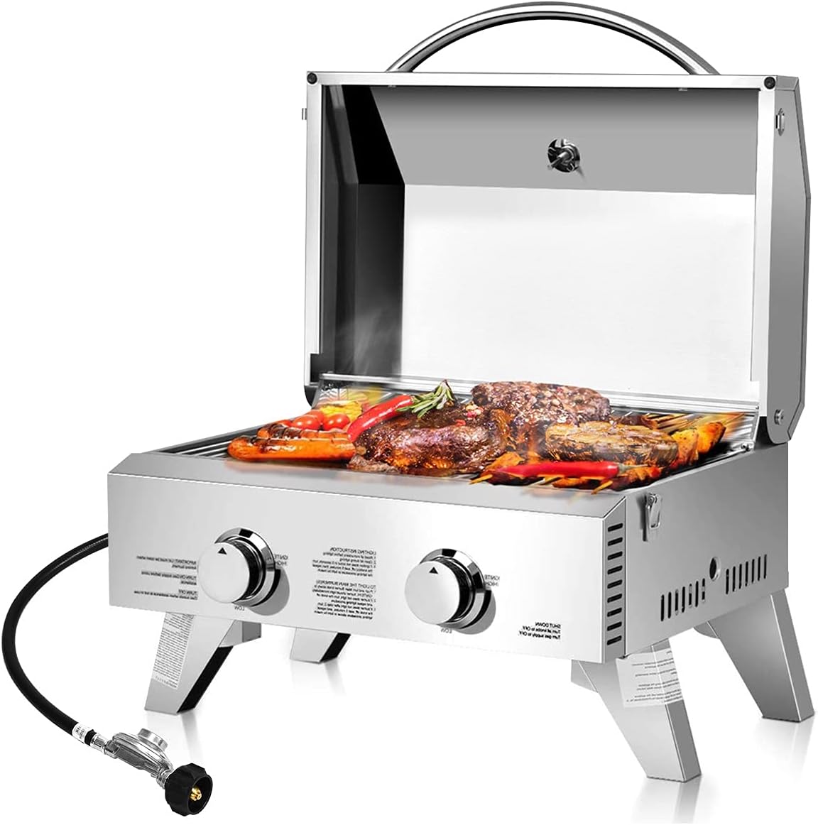 Happygrill Portable Gas Grill Stainless Steel Propane Grill Two-Burner Outdoor BBQ Grill with Foldable Leg for Camping Picnics, 20000 BTU