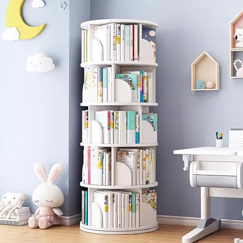 Rotating Bookshelf Tower,3/4/5 Tier Round Bookshelf Rotating Bookcase,Solid Wood Floor Standing Book Storage Rack