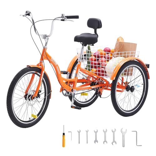 VEVOR Adult Tricycles Bike, 24 Inch Three-Wheeled Bicycles, 3 Wheel Bikes Trikes, Aluminum Alloy Cruiser Bike with Basket & Adjustable Seat