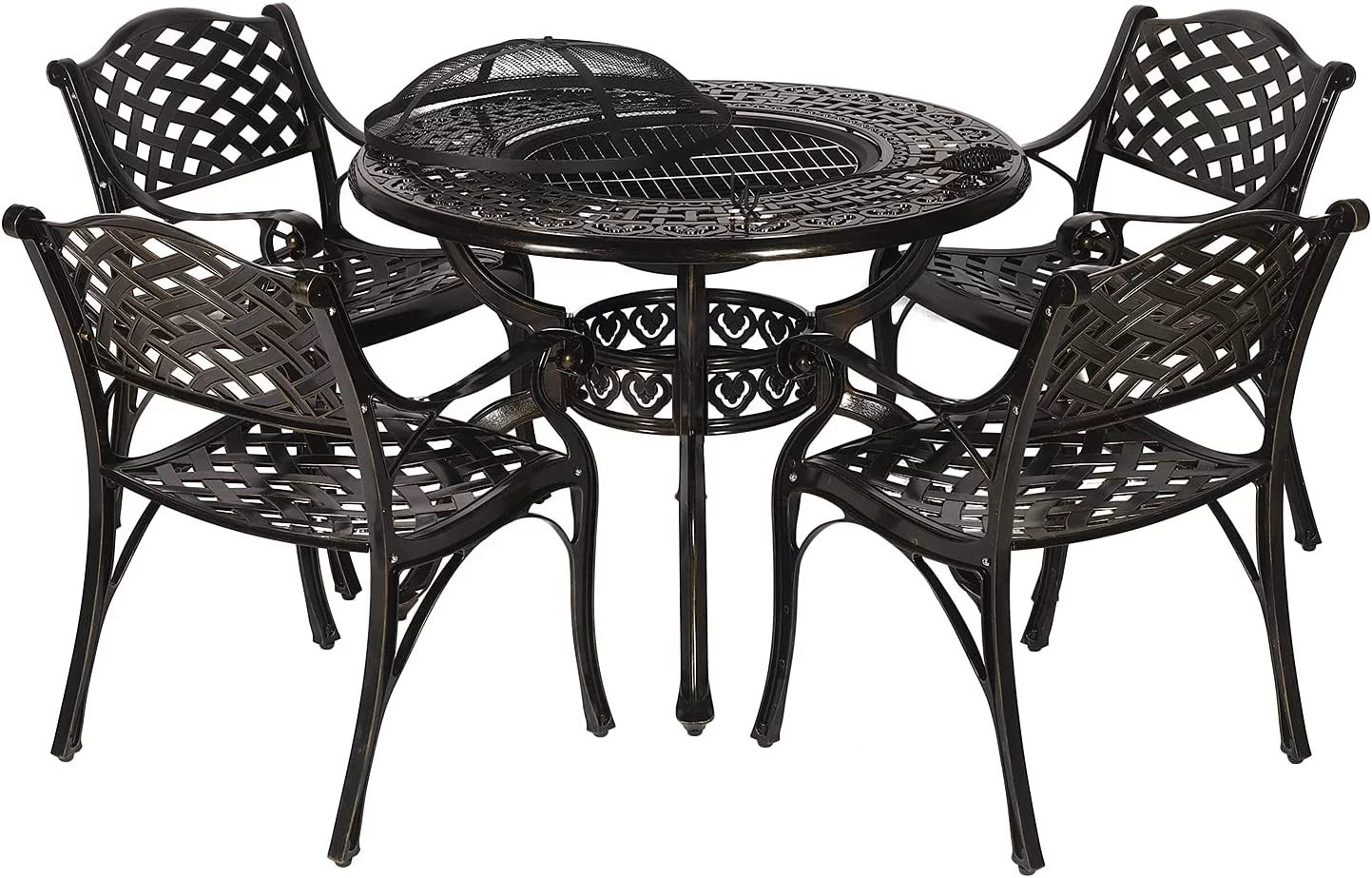 VIVIJASON 5-Piece Outdoor Patio Fire Pit Set, All-Weather Cast Aluminum Conversation BBQ Set, Patio Furniture Set for Balcony Lawn Garden Backyard