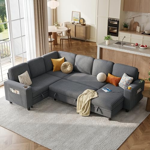 LINSY HOME Sectional Sleeper Sofa with Pull Out Couch Bed Convertible Plush Corduroy Cloud Couch with Storage Chaise & USB Charging