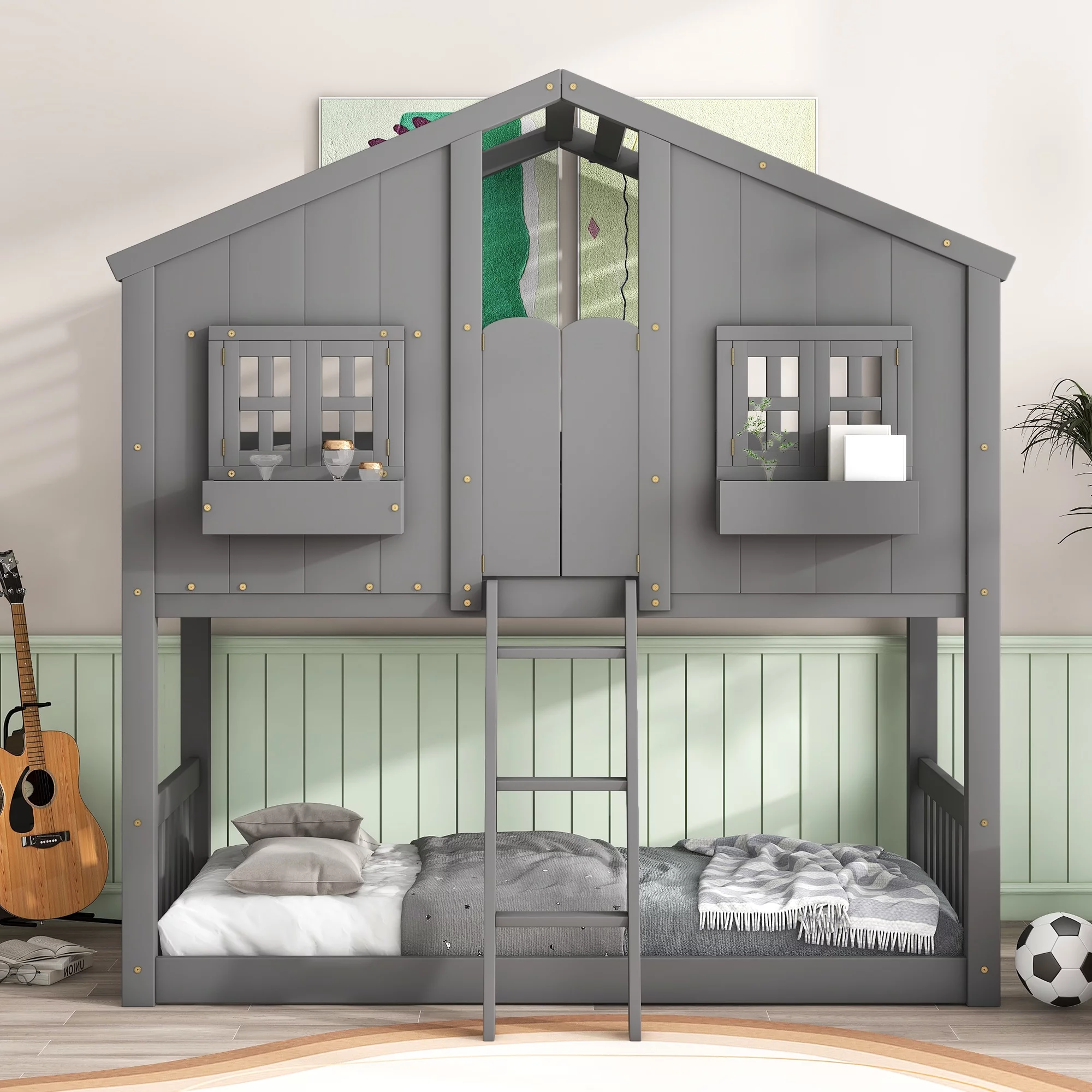 Solid Wood Twin over Twin House Bunk Bed with Roof, Window, Window Box, Door, Ladder and Guard Rail