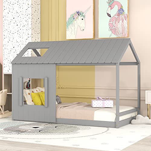 Harper & Bright Designs Twin Size Kids House Bed, Montessori Floor Bed Twin with Roof and Window