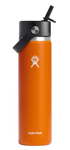 HYDRO FLASK Wide Mouth vacuum insulated stainless steel water bottle with leakproof closeable straw lid for cold water drinks, sports, travel