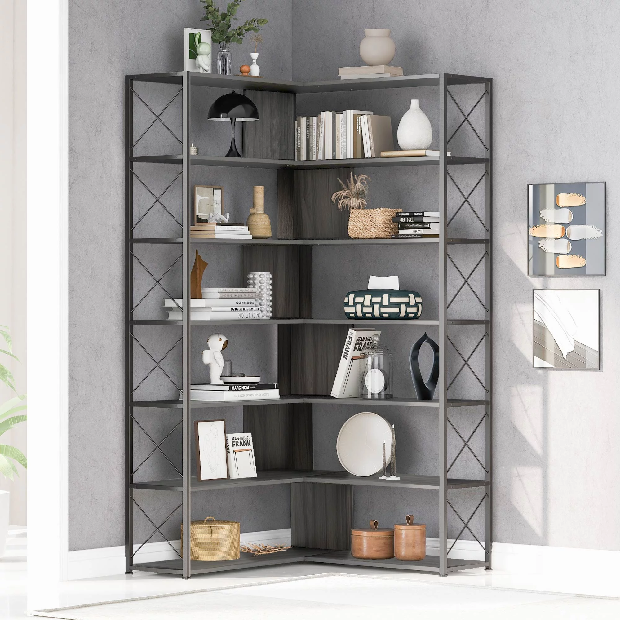 7-Tier Home Office Bookcase - L-Shaped Corner Bookshelf with Industrial Style, Durable Metal Frame, and Open Storage-Silver+Grey